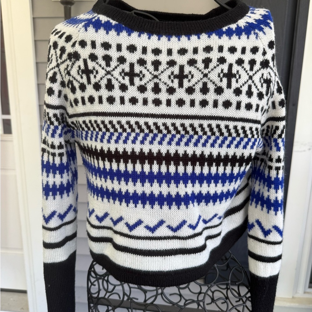 Iris Black and Blue Crew Neck Sweater with Geometric Design